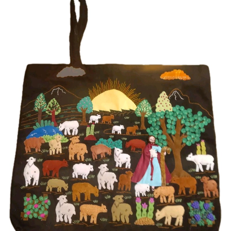Handcrafted Crossbody Village Shepherd Black Cloth 16”x18″ Dimensional Details.