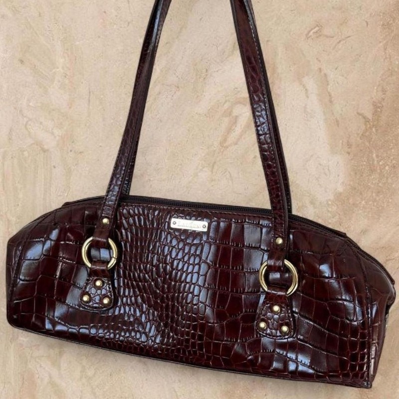 Lauren Ralph Lauren Vintage Brown Crocodile-Embossed Baguette Shoulder Bag