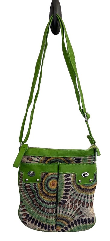 Hananel Green Satin Thread Embroidered Crossbody Bag Adjustable Pockets Zippers