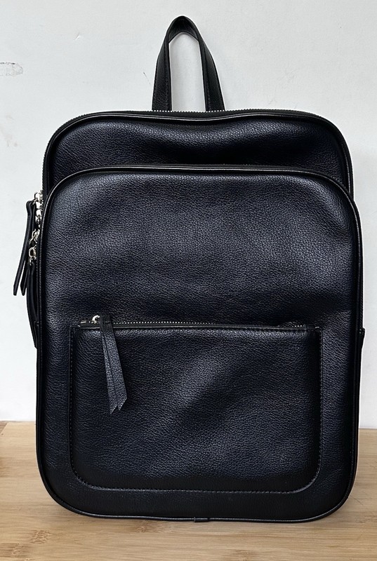 Black Pebbled Vegan Leather Backpack – Minimalist Laptop Bag Pinstripe Lining