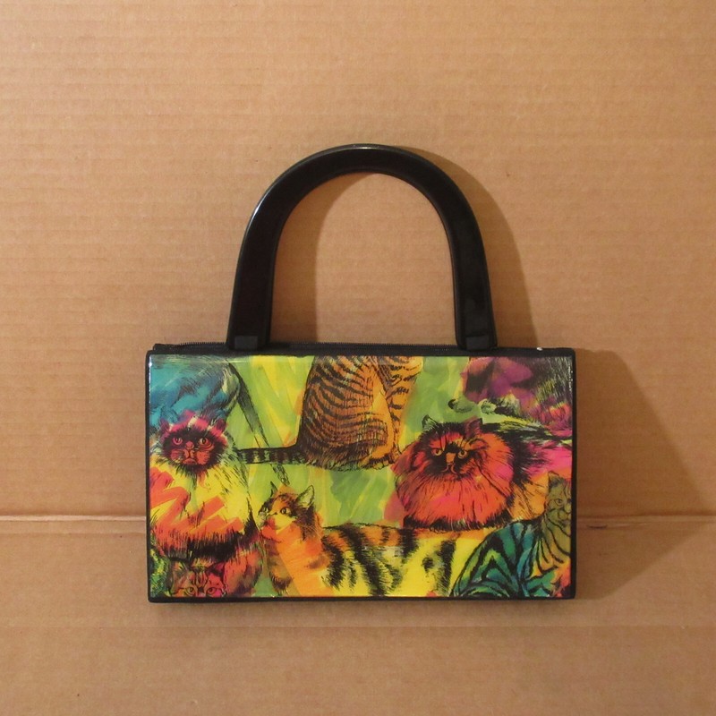 NOS NWT Vtg Angela Frascone Hard Shell Case Purse Enamel Cats Kitty Pop Art 9.5″