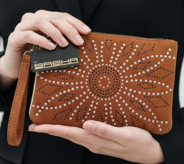NEW WITH TAGS Sasha NY Suede Clutch, Studded Sunflower, Zips, wrist strap 9×6