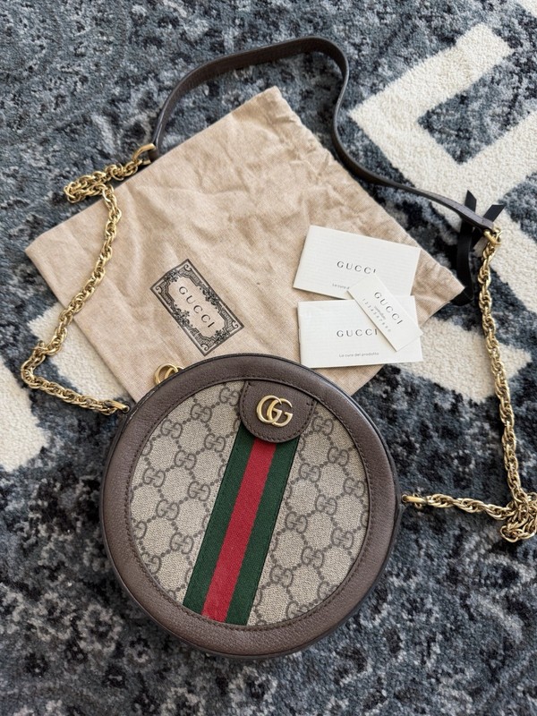Gucci GG Supreme Monogram Web Mini Ophidia Round Shoulder Bag Brown