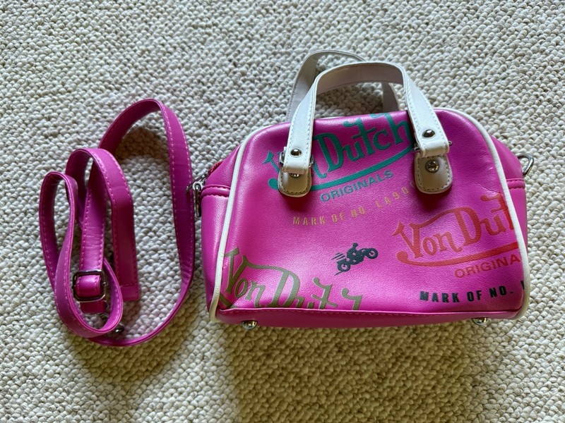 VTG Von Dutch Y2k Crossbody Bag Womens Small Pink Graphic Logo Bowling Satchel