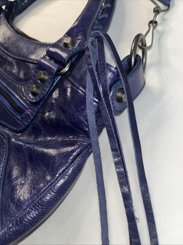 LUSH Purple Blue Distressed Soft Leather Editors City Bag Moto Purse Size M gallery