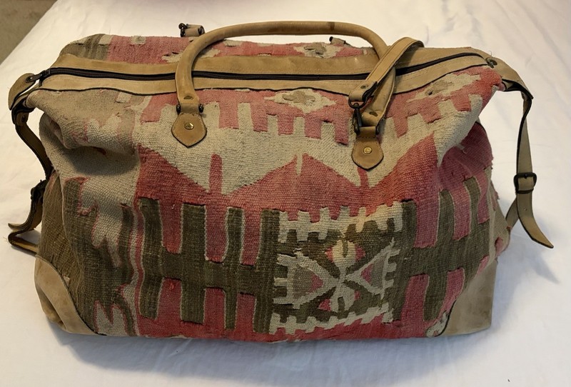 Vintage Turkey Kilim Carpet Tote Bag Leather Trim Boho Steampunk 21”x12” Flaws
