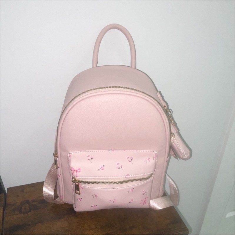 Like Dreams Mauve Bow Pattern Backpack with Pouch, Adjustable Strap