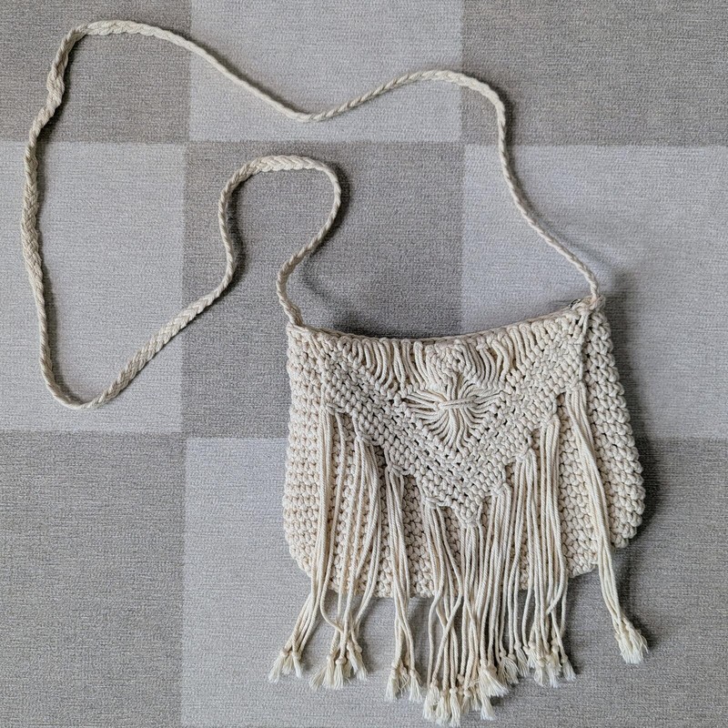 Crochet Fringe Crossbody Bag Braided Strap Zip Top Cream Boho One Size