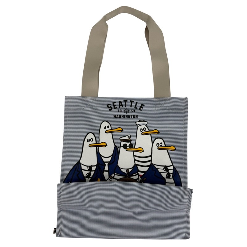 NWOT Chalo Seattle Seagull Sailor Tote Bag Blue White Pinstripe Canvas Nautical gallery