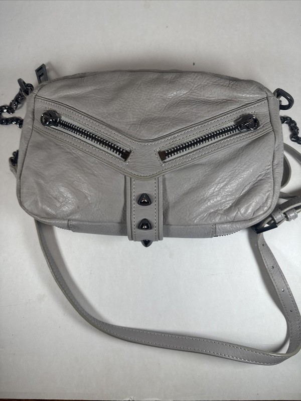 Botkier Brand Trigger Distressed Gray Leather Studded Zip Crossbody Detach Strap