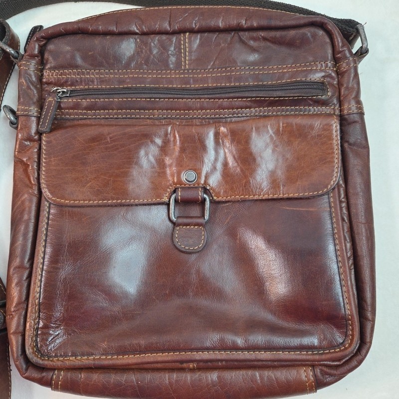 Jack Georges Voyager Crossbody Bag Brown Leather Flap Zip Pockets Mens 7205 BRN