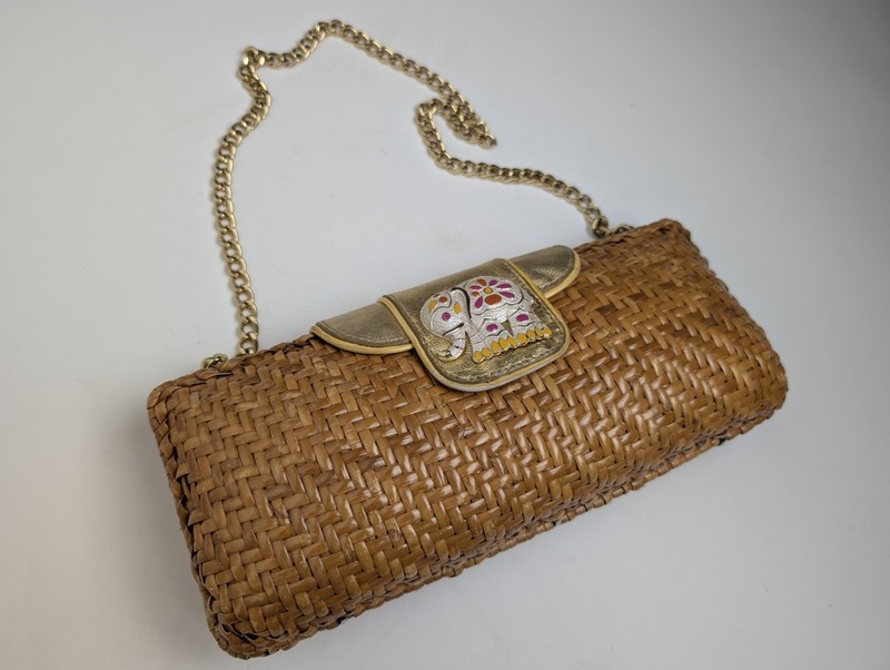 Rafe New York Vintage Wicker Clutch Gold Leather Elephant Enamel Chain Bag