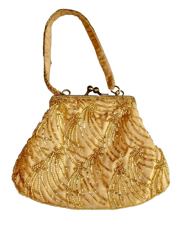 Cache Satin, Glass Bead Bag Top Metal Frame Gold gallery