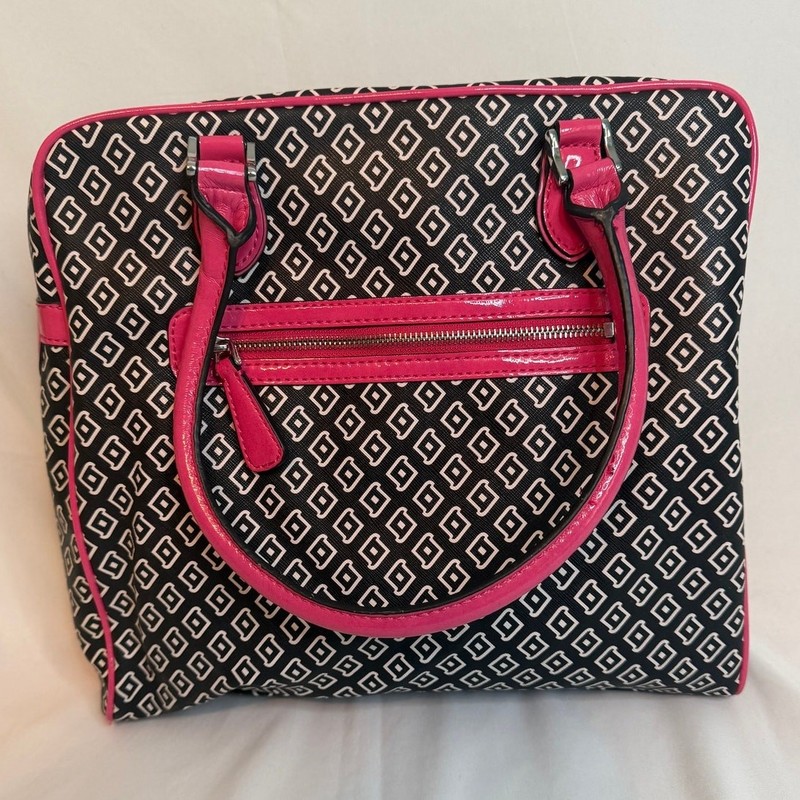 GUESS Satchel Black/White with Pink Trim Zipper Closure Handbag gallery