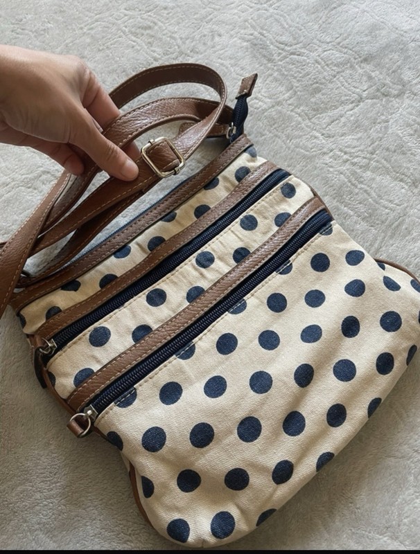 Croft & Barrow Beige/Blue Polka Dot Crossbody Bag Zip Closure Inner Pockets
