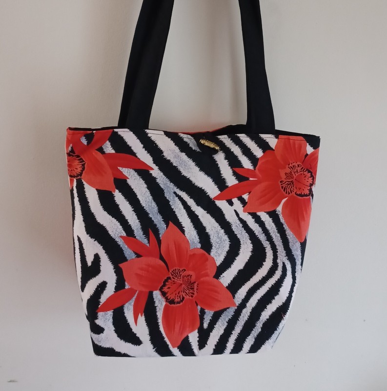 Black White Zebra Print With Orange Red Flowers Reversible Tote Bag Button Close