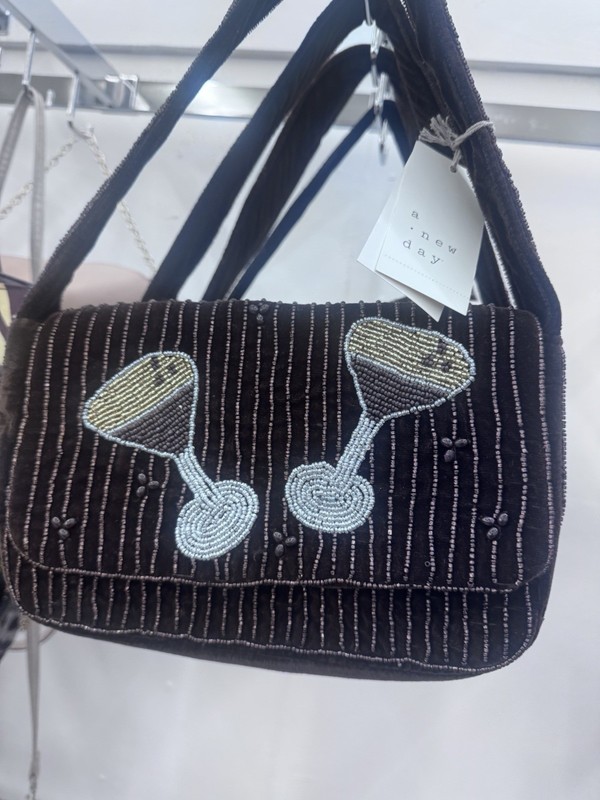 A New Day Black Beaded Shoulder Bag w/ Strap, Striped Rectangle, Brand Card