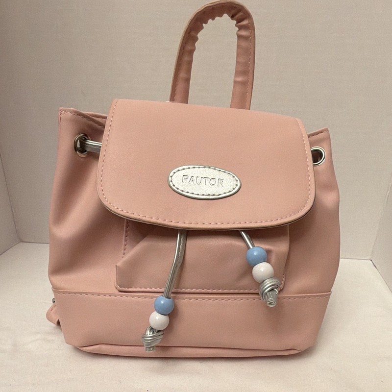 NWT PAUTOR Pink Mini Backpack Drawstring + Snap Top Handle Beaded Strap Silver