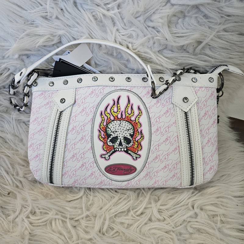 Ed Hardy White Pink Skull Flame Shoulder Bag Rhinestone Y2K Tattoo NWT NoStrap