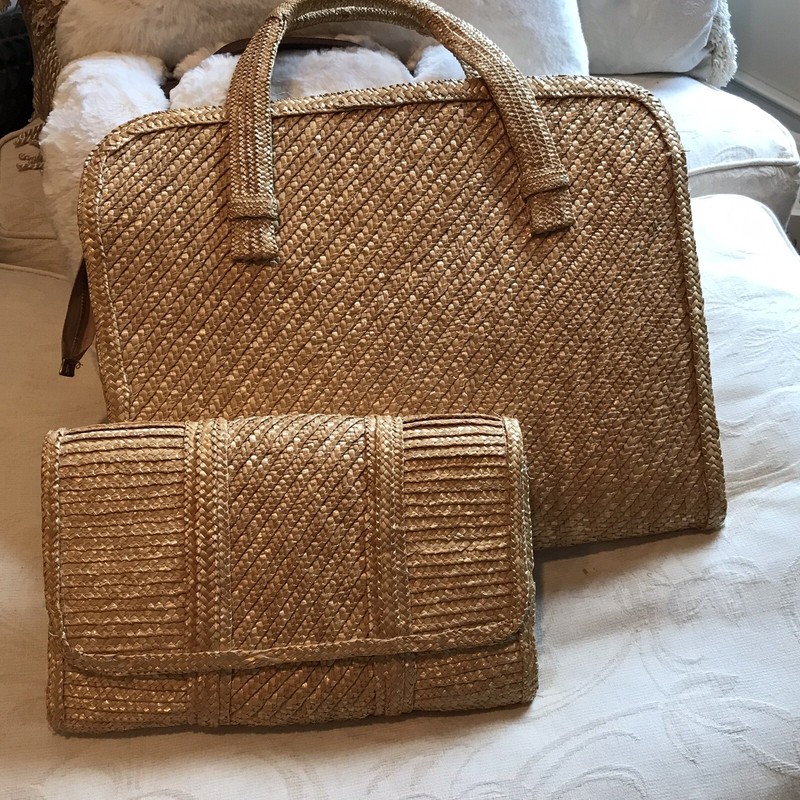 Natural Straw Breifcase Style Bag with Coordinating Cluch Bag Set