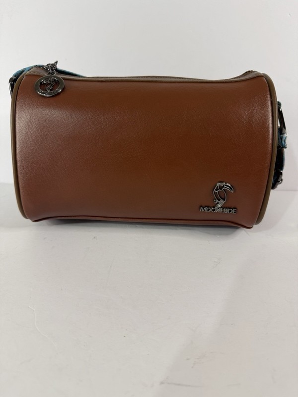 MDOXHIDE Leather Brown Shoulder Barrel Handbag Crossbody Patterned Fabric Strap
