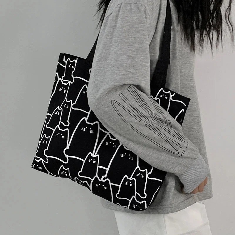 NEW CUTE CAT CANVAS TOTE SHOULDER BAG WITH ZIPPER KITTEN ALL OVER PRINT gallery