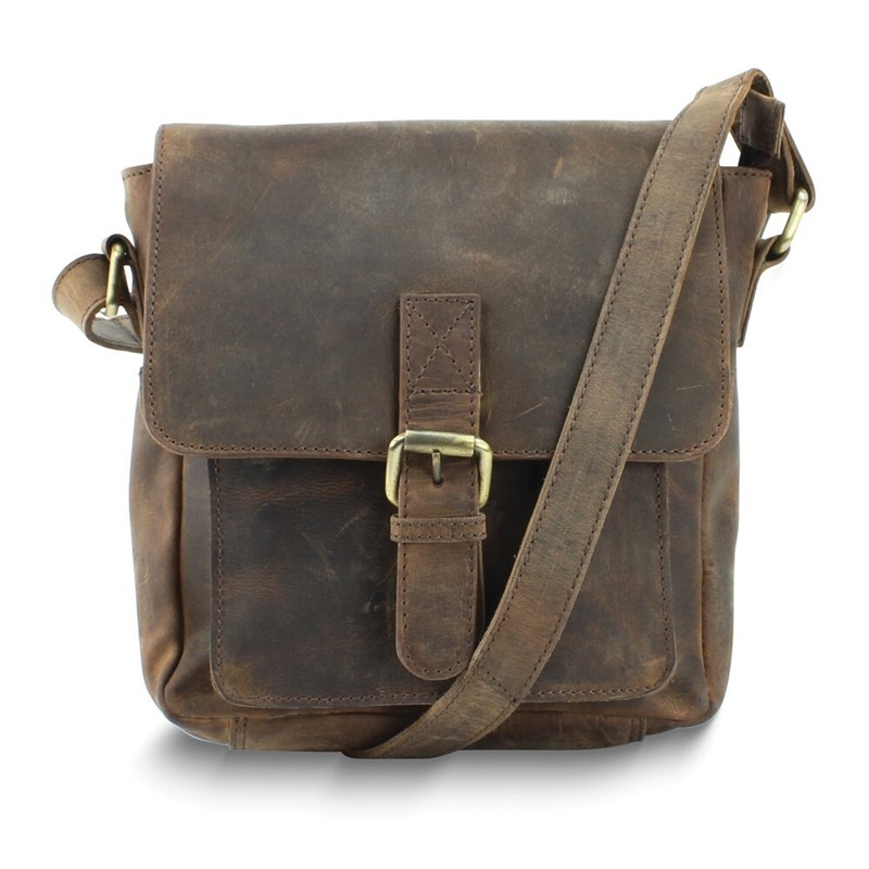 Distressed Brown Leather Magnetic Buckle Flap Over Zip-Top Crossbody Bag