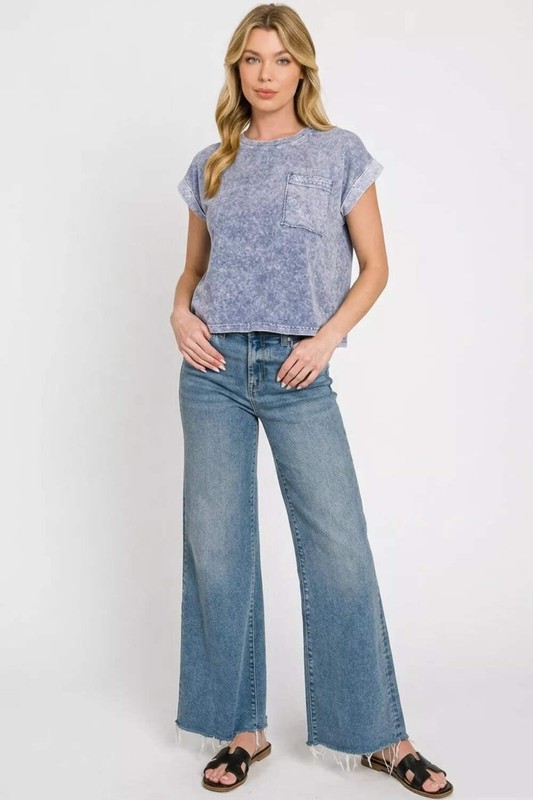 Zenana Halo Snow Washed Cotton Cuffed Short Sleeve Top gallery