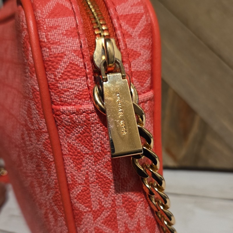 Michael Kors Flamingo Pink Monogram Logo Crossbody Bag Zip Gold Chain gallery