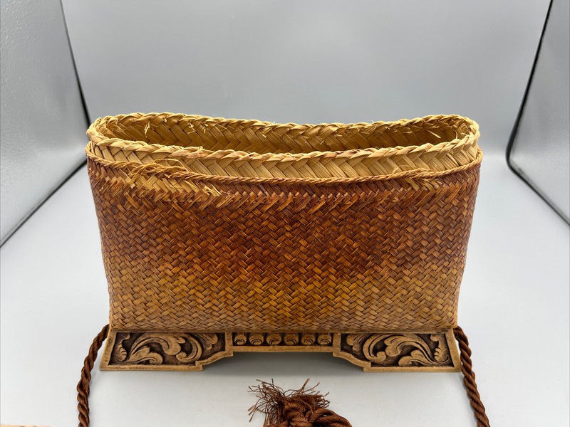 Purse Handbag Wood Handle Carved Wood Base Handmade 9" Tall 10 1/2" Wide gallery