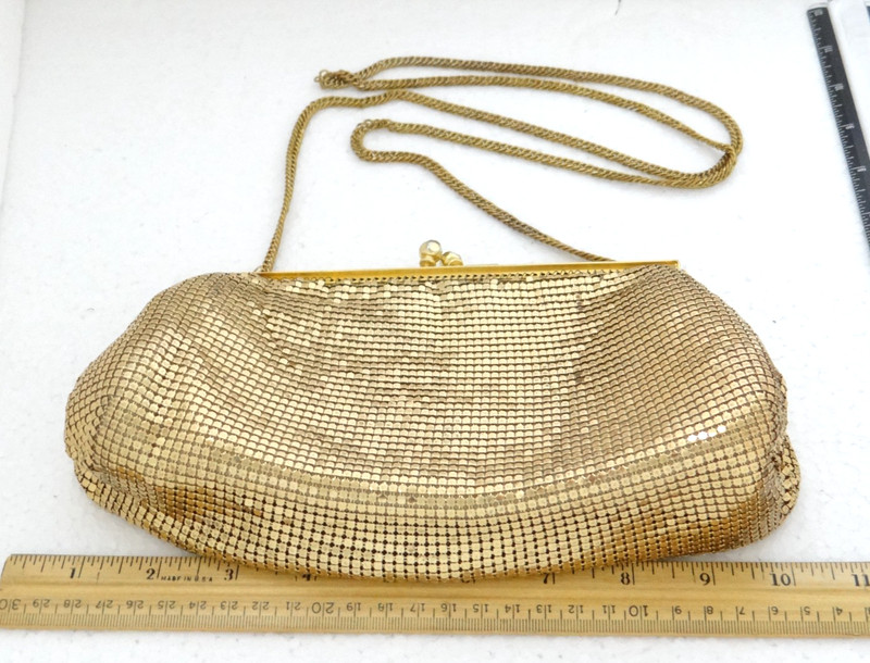 Whiting & Davis Gold Mesh Evening Bag Purse Metallic Flap Top Shoulder Chain
