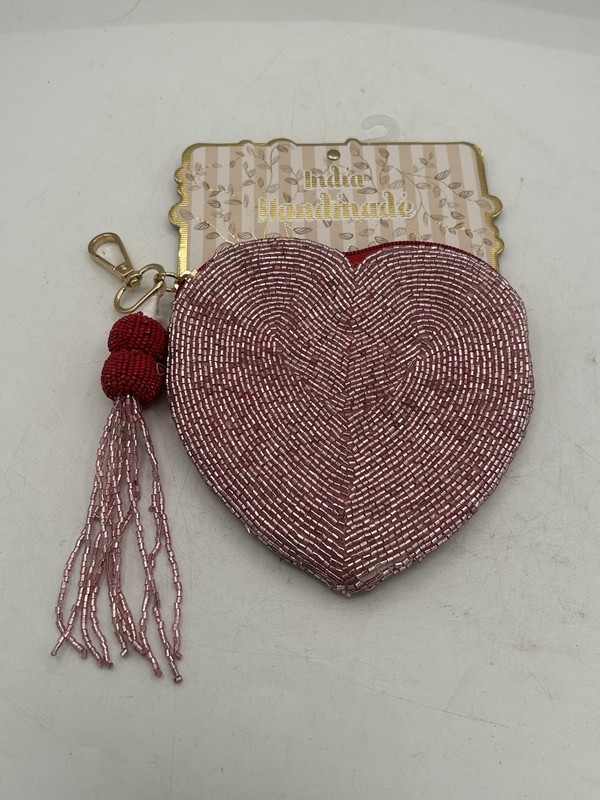 Handmade In India Beaded Pink/Red Heart Coin/Key Chain Pouch Small BNWT!!