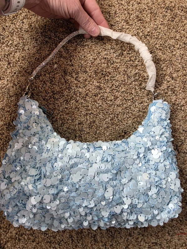 Light Blue Sequin Shoulder Bag Metallic Finish Silver Hardware Women