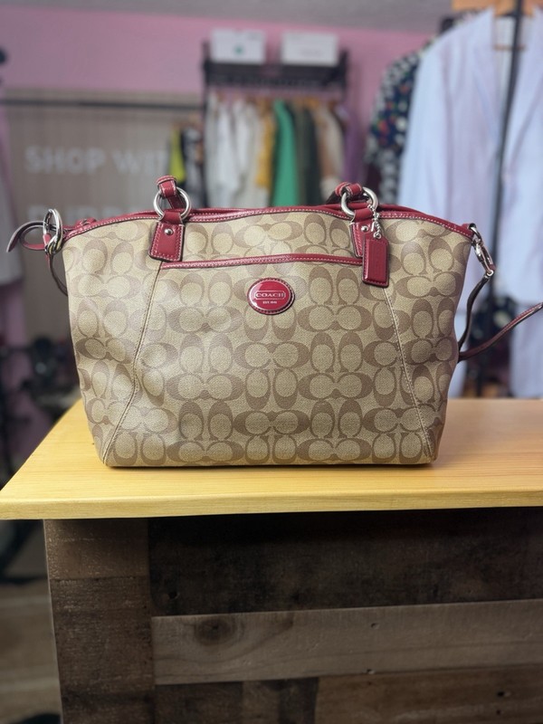 Coach Peyton Signature Tote Bag Khaki Burgundy Coated Canvas Leather Trim