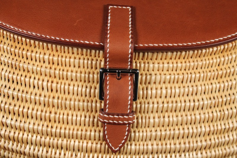 HERMES Fauve Veau Barenia Leather & Osier Wicker FISHING BOX Shoulder Bag PHW gallery