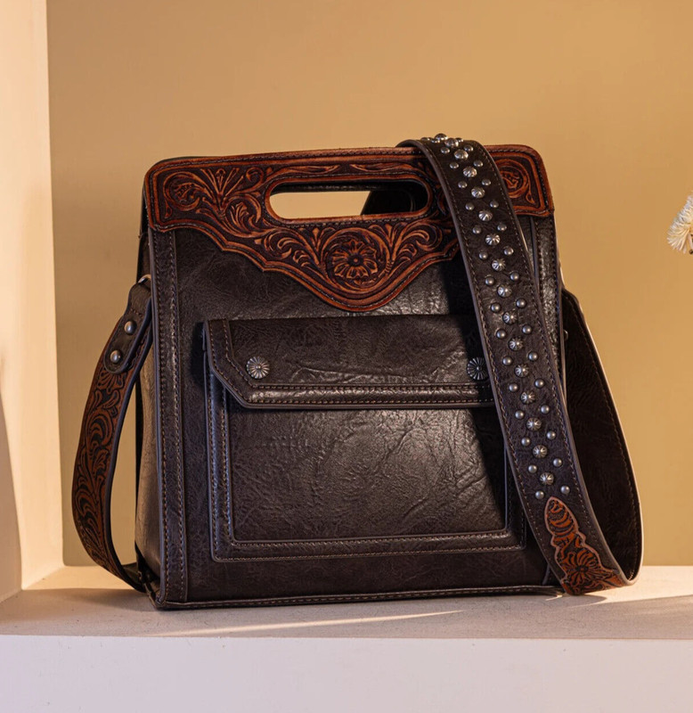 Trinity Ranch Tooled Leather Satchel Crossbody Concealed Carry Purse Coffee