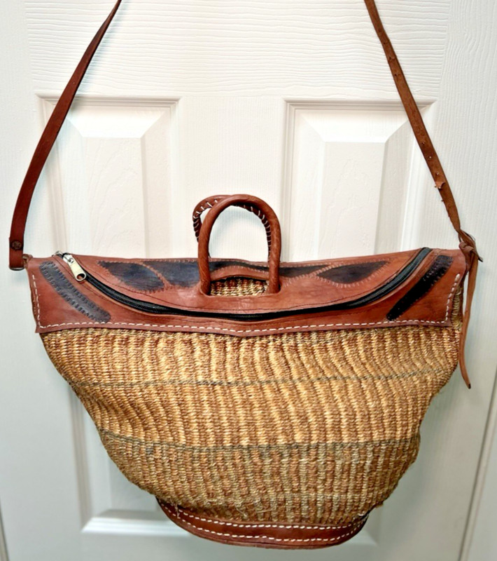 Vtg African woven jute leather Market Tote Bag purse Sisal Boho Round Festival