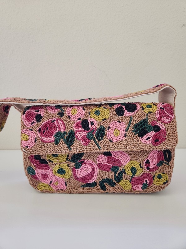 On 34th Hand Beaded Floral Shoulder Bag Pink Multi Cottagecore Boho Purse