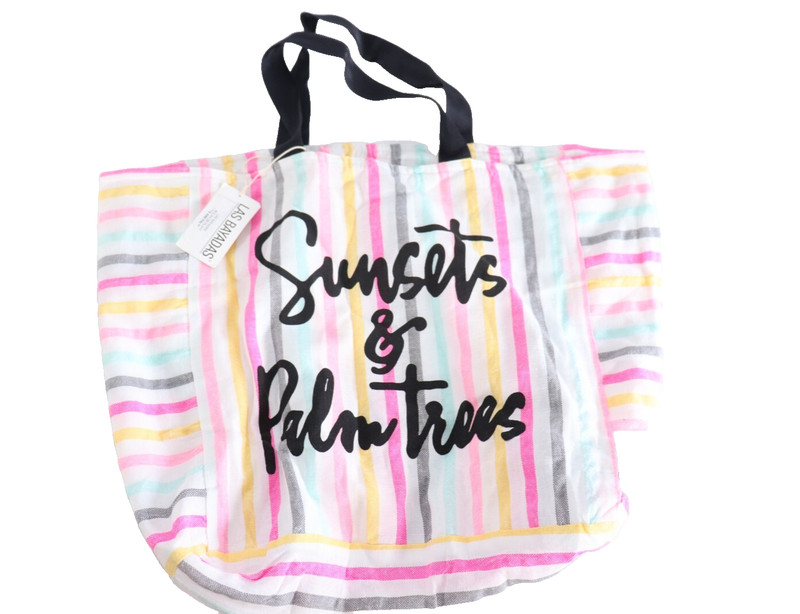 Las Bayadas Women Multicolor Pink Sunset & Palm Trees Striped Beach Bag Tote NWT