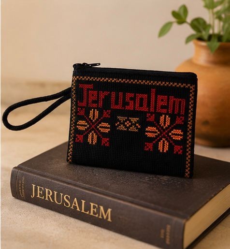 Handmade Palestinian Embroidered Wristlet Coin Purse Black Cross Stitch Zipper P
