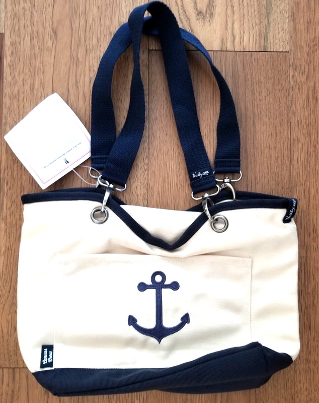 NEW! Thirty One Canvas Crew Mini Thermal Tote Bag Natural w Navy Blue Anchor