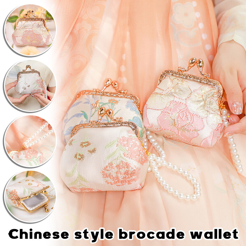 Chinese Brocade Mouth Gold Bag Coin Purse Women Handbag Pearls Clutch Square gallery