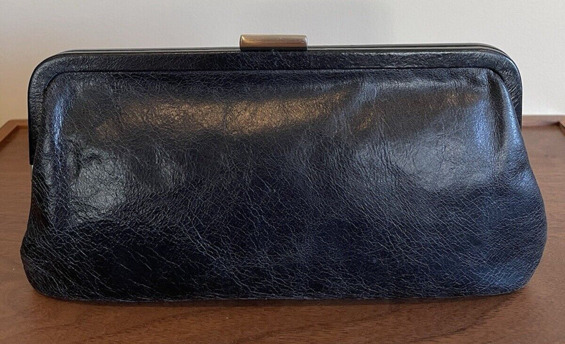 Vintage Hobo International Clutch Black Crinkle Textured Leather Push Lock