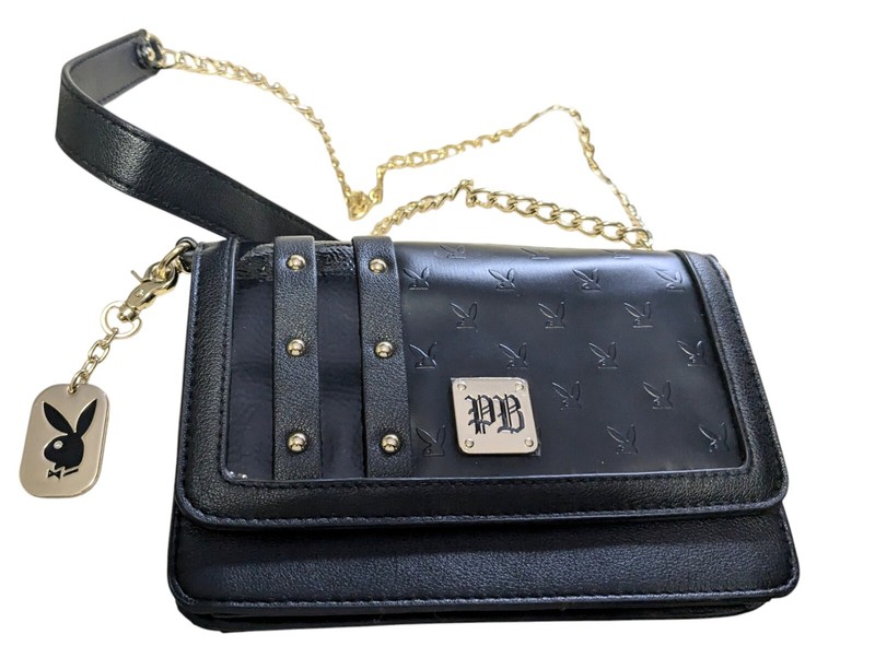 PLAYBOY Purse Clutch Embossed Bunny Logo Chain Strap Studded Black Gold