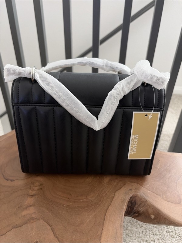 MICHAEL KORS WHITNEY MEDIUM CHAIN SHOULDER TOTE BAG QUILTED STRIPE Black NWT gallery
