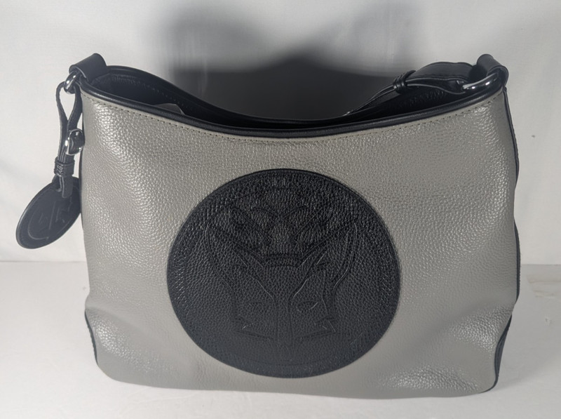 Tucker Tweed Foxhunting Leather Shoulder Bag Gray Black Embossed Fox Logo