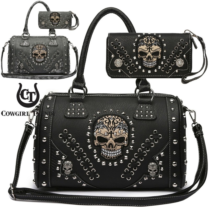 Sugar Skull Day of the Dead Punk Art Purse Women Handbag Shoulder Bag Wallet Set