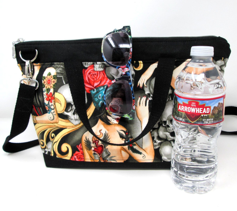 HANDMADE USA Tote Bag Purse Tattoo Woman Skulls Day Of The Dead Lightweight OOAK gallery