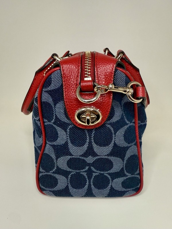 Coach Denim Signature Mini Satchel Barrel Bag Red Leather Crossbody Strap Dust B gallery