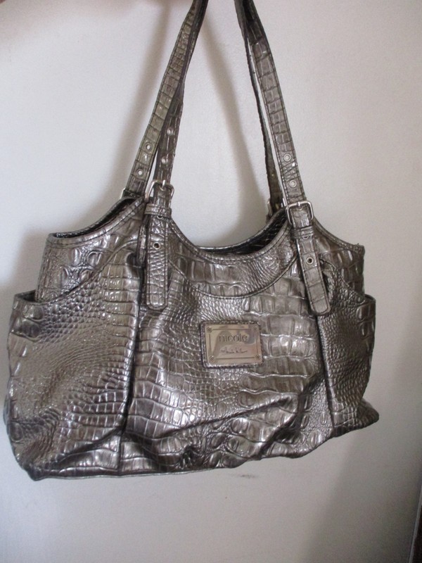 Nicole Miller Croc Reptile embossed Shoulder Handbag Silver pewter metalic purse